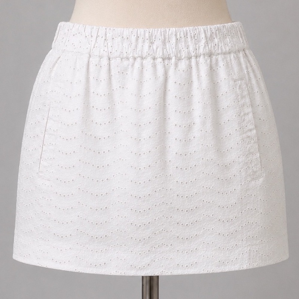 J.Crew White Eyelet Cotton Mini Skirt Elastic Waist Pockets Size L Cottagecore